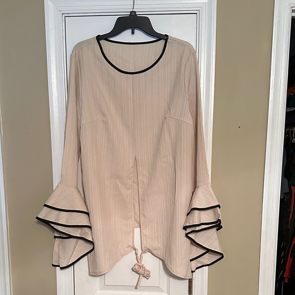 SHEIN Beige Tunic with Black Trim Ruffle Sleeves